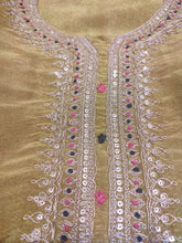 Load image into Gallery viewer, Shimmer Tissue Mustard Semi-Stitch Suit With Golden Embroidery
