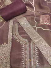 Load image into Gallery viewer, Shimmer Tissue Brown Semi-Stitch Suit With Golden Embroidery
