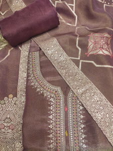Shimmer Tissue Brown Semi-Stitch Suit With Golden Embroidery