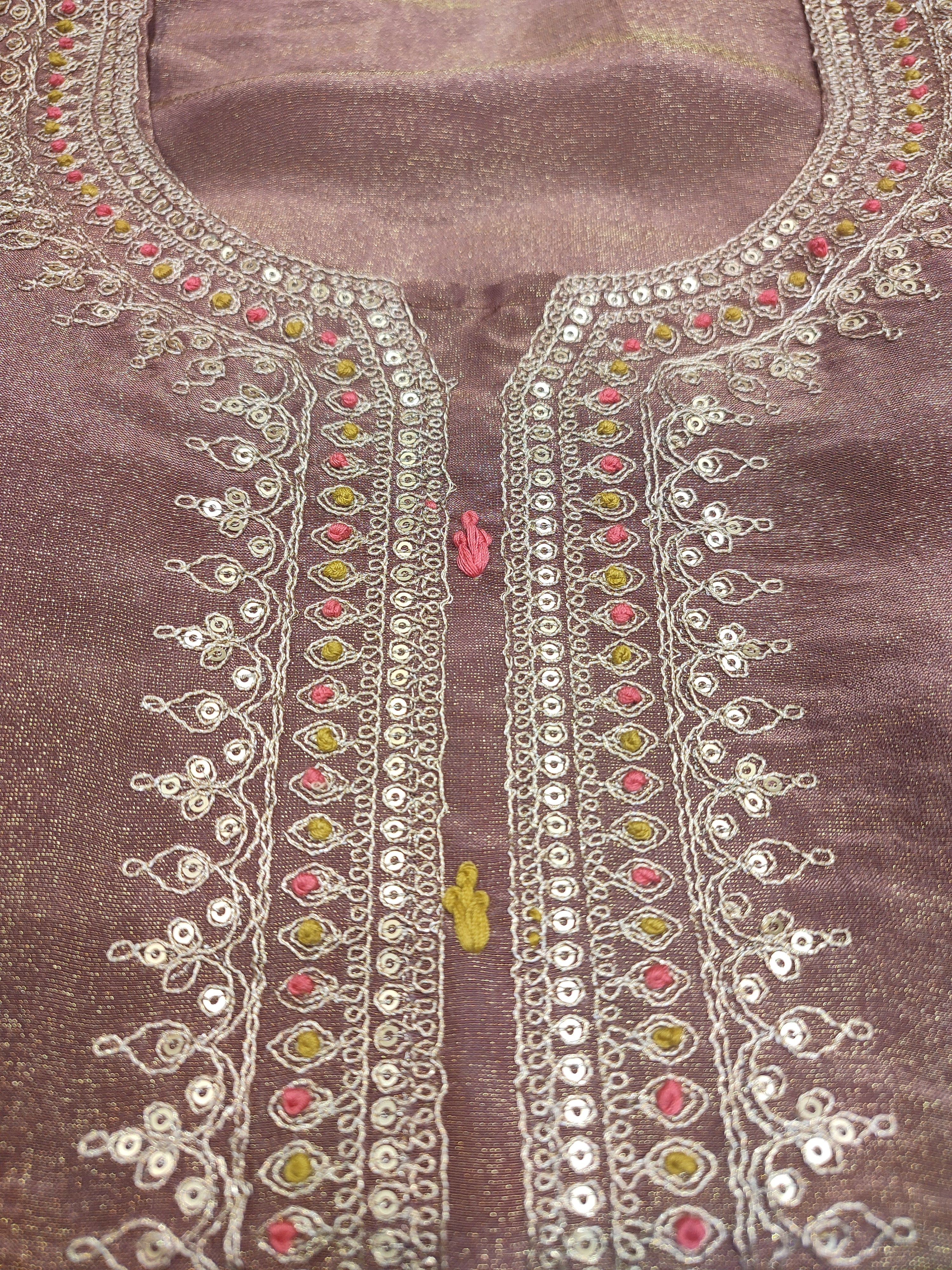 Shimmer Tissue Brown Semi-Stitch Suit With Golden Embroidery