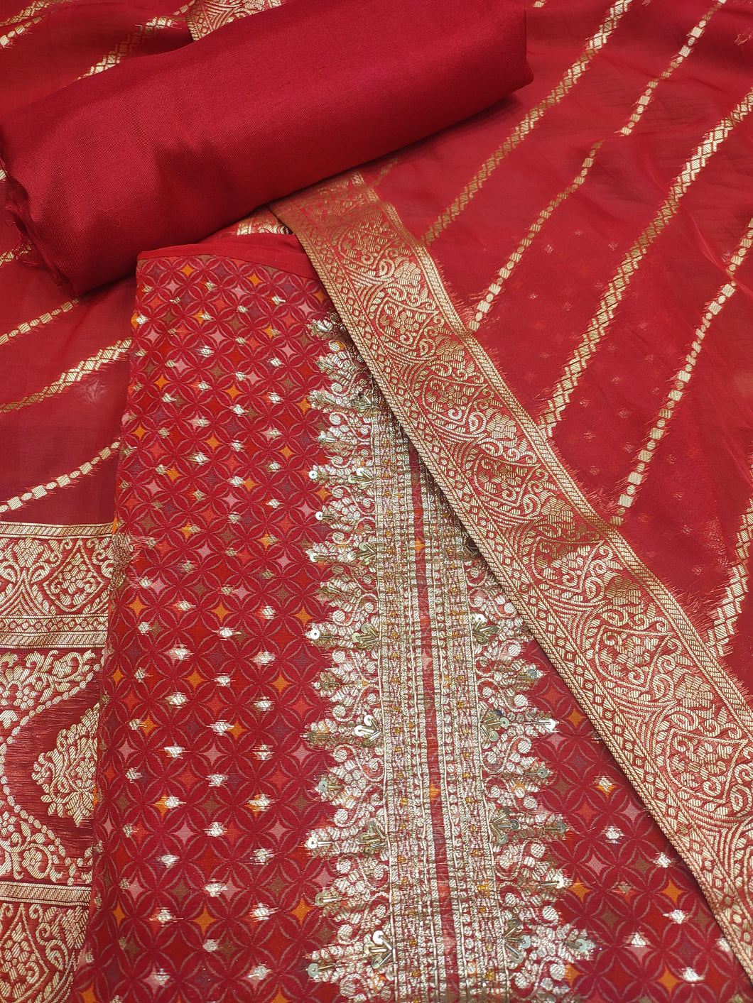 Red Organza Unstitched Suit With Cutdana Handwork