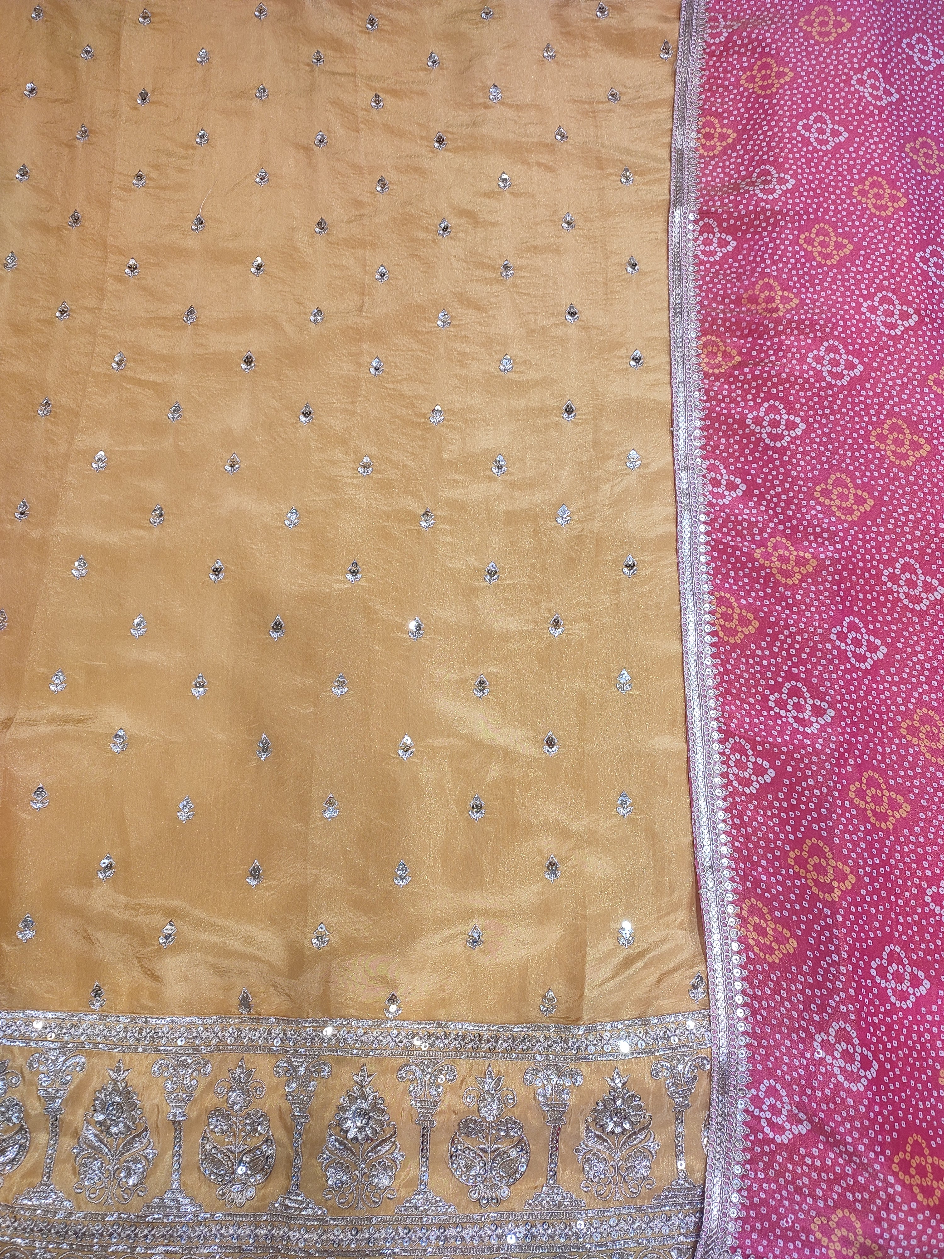 Yellow Shimmer Tissue Unstitched Suit With Golden Embroidery