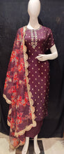 Load image into Gallery viewer, Wine Silk Semi-stitch Suit With Gota Patti Dubka Handwork
