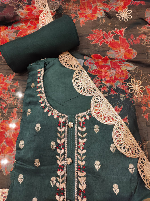 Green Silk Semi-Stitch Suit With Gota Patti Dubka Handwork