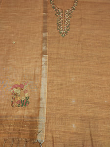 Light Brown Linen Silk Unstitched Suit With Thread Embroidery