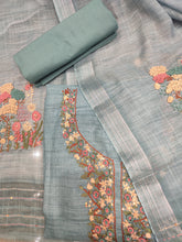 Load image into Gallery viewer, Blue Linen Silk Unstitched Suit With Thread Embroidery

