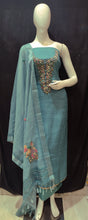 Load image into Gallery viewer, Blue Linen Silk Unstitched Suit With Thread Embroidery
