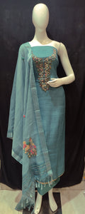 Blue Linen Silk Unstitched Suit With Thread Embroidery