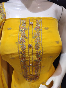 Yellow Organza Unstitched Suit With Golden Embroidery