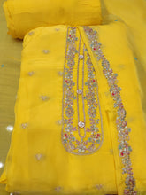 Load image into Gallery viewer, Yellow Organza Unstitched Suit With Golden Embroidery
