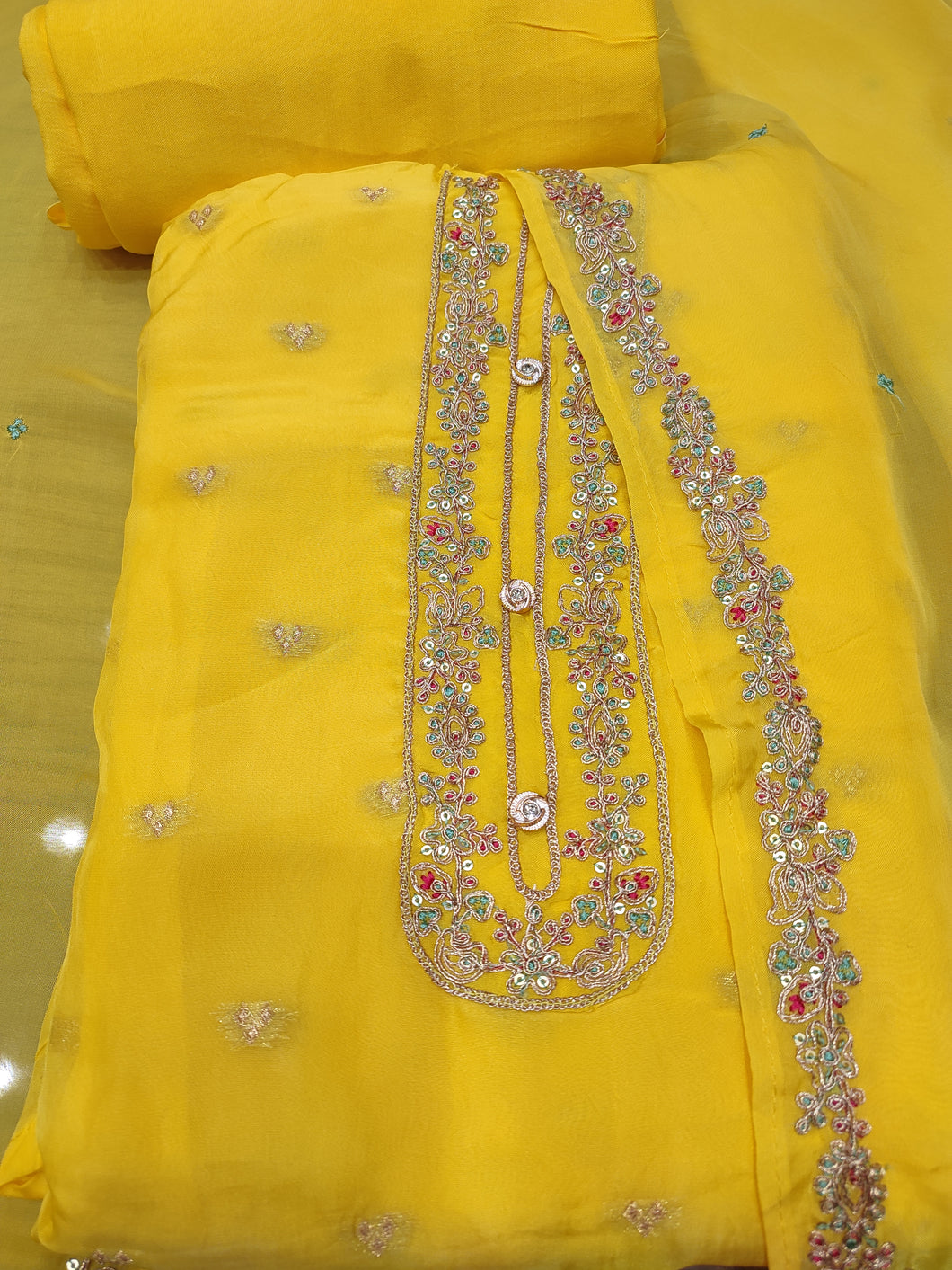 Yellow Organza Unstitched Suit With Golden Embroidery