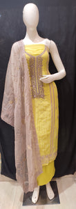 Lime Yellow Organza Unstitched Suit With Cutdana Handwork