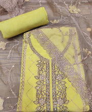Load image into Gallery viewer, Lime Yellow Organza Unstitched Suit With Cutdana Handwork
