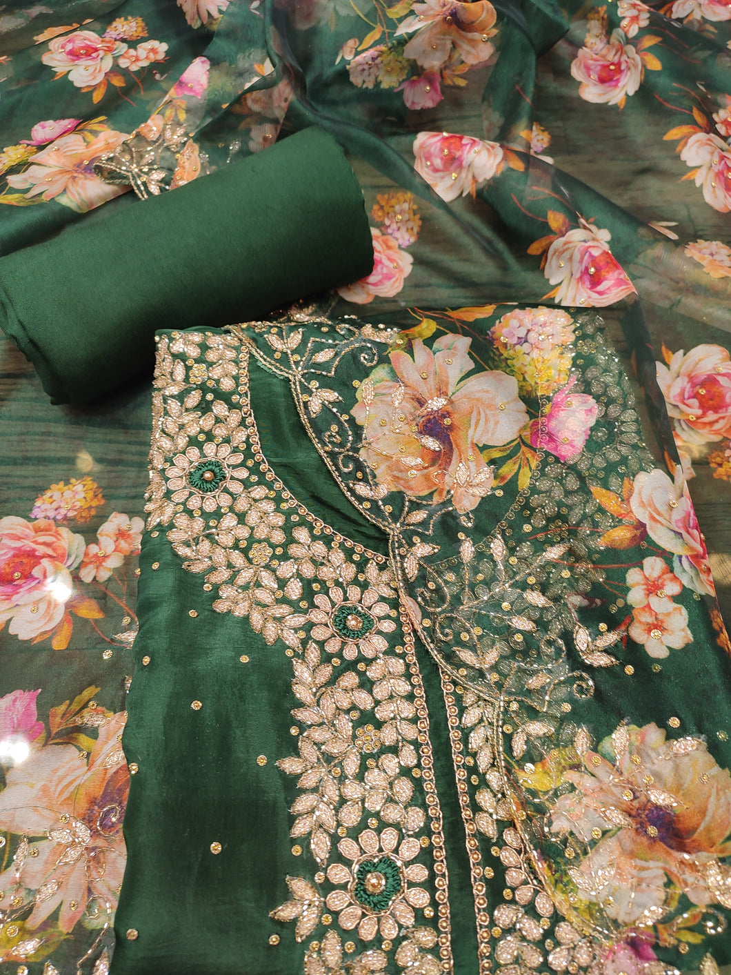 Green Opara Silk Unstitched Suit With Gotapatti Handwork