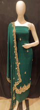 Load image into Gallery viewer, Dark Green Chinon Drape Unstitched Suit With Beads And Cutdana Handwork
