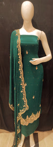 Dark Green Chinon Drape Unstitched Suit With Beads And Cutdana Handwork