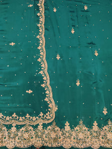 Dark Green Chinon Drape Unstitched Suit With Beads And Cutdana Handwork