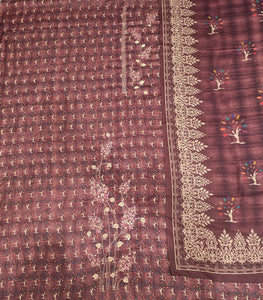 Wine Pashmina Unstitched Suit With Thread Embroidery