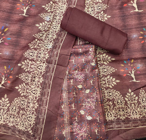 Wine Pashmina Unstitched Suit With Thread Embroidery