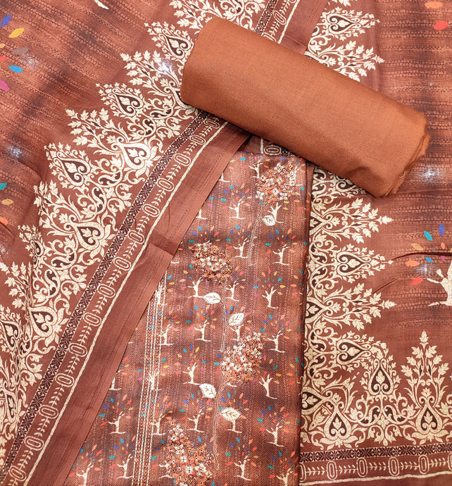 Brown Pashmina Unstitched Suit With Thread Embroidery