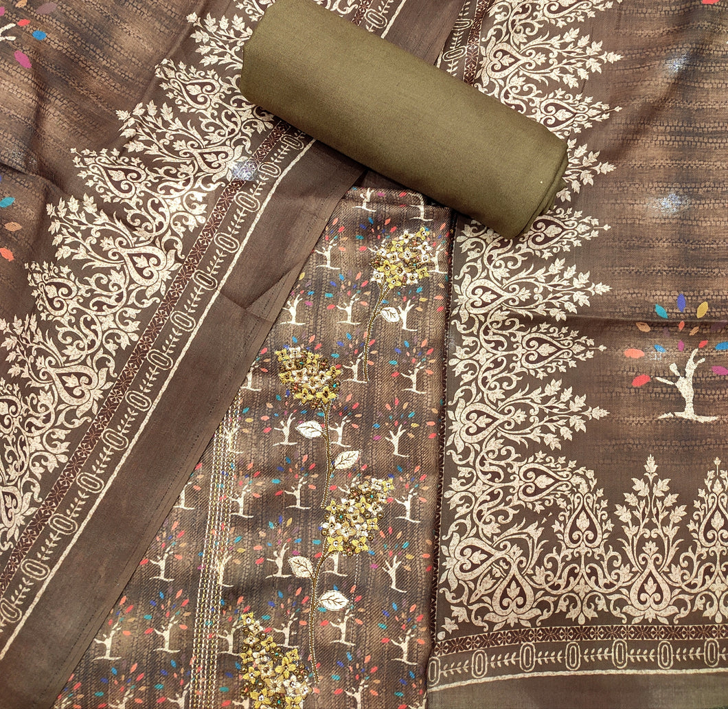 Olive Green Pashmina Unstitched Suit With Thread Embroidery