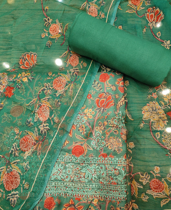 Green Pashmina Unstitched Suit With Thread Embroidery