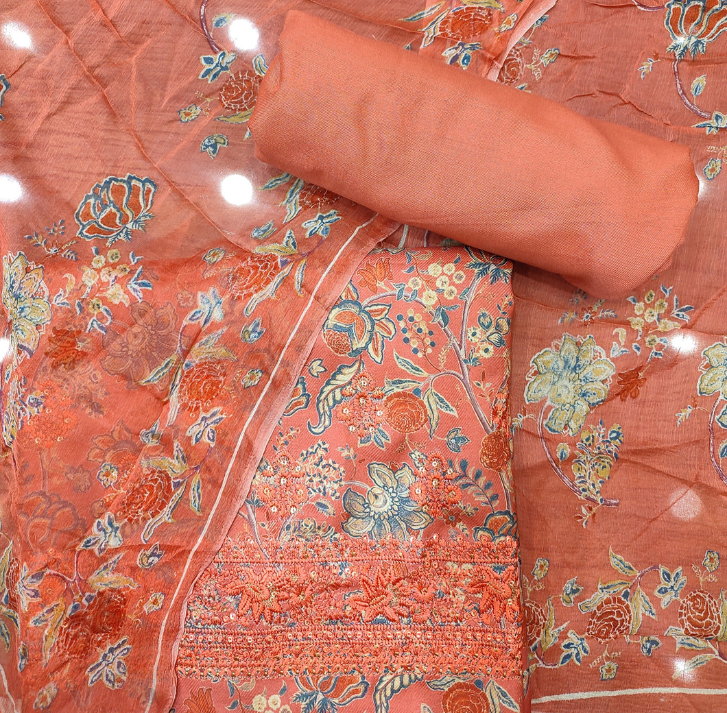 Peach Orange Pashmina Unstitched Suit With Thread Embroidery