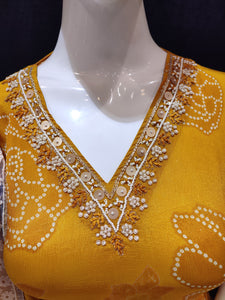 Mustard Chinon Crape Semi-Stich Suit Without Sleeves With Handwork And Lacework