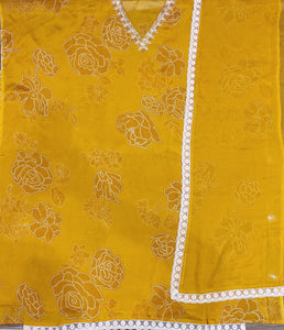 Mustard Chinon Crape Semi-Stich Suit Without Sleeves With Handwork And Lacework
