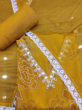 Load image into Gallery viewer, Mustard Chinon Crape Semi-Stich Suit Without Sleeves With Handwork And Lacework
