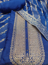 Load image into Gallery viewer, Blue Silk Unstitched Suit With Golden Embroidery
