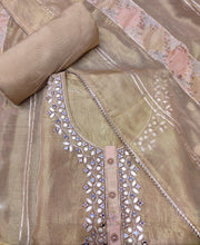 Load image into Gallery viewer, Golden Tissue Semi-Stitch Suit With Mirror Work
