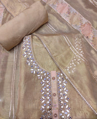 Golden Tissue Semi-Stitch Suit With Mirror Work
