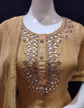 Load image into Gallery viewer, Golden Tissue Semi-Stitch Suit With Mirror Work
