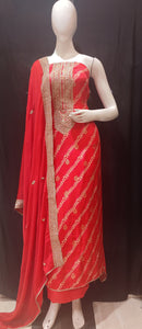 Red Silk Unstitched Suit With Golden Embroidery