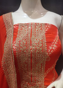 Red Silk Unstitched Suit With Golden Embroidery