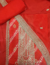 Load image into Gallery viewer, Red Silk Unstitched Suit With Golden Embroidery
