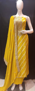 Yellow Silk Unstitched Suit With Golden Embroidery