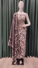 Load image into Gallery viewer, Black and white Crepe Unstitched Suit With Digital Print and Handwork
