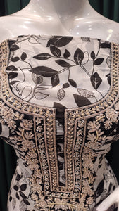 Black and white Crepe Unstitched Suit With Digital Print and Handwork