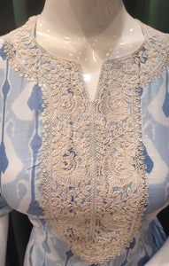 Blue Muslin Semistitch Suit With Lace Work