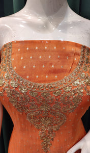 Orange Shimmer Unstitched Suit With Sequins and Zari Work