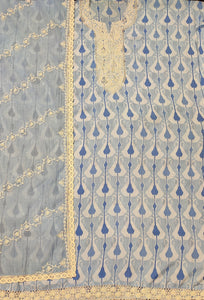 Blue Muslin Semistitch Suit With Lace Work