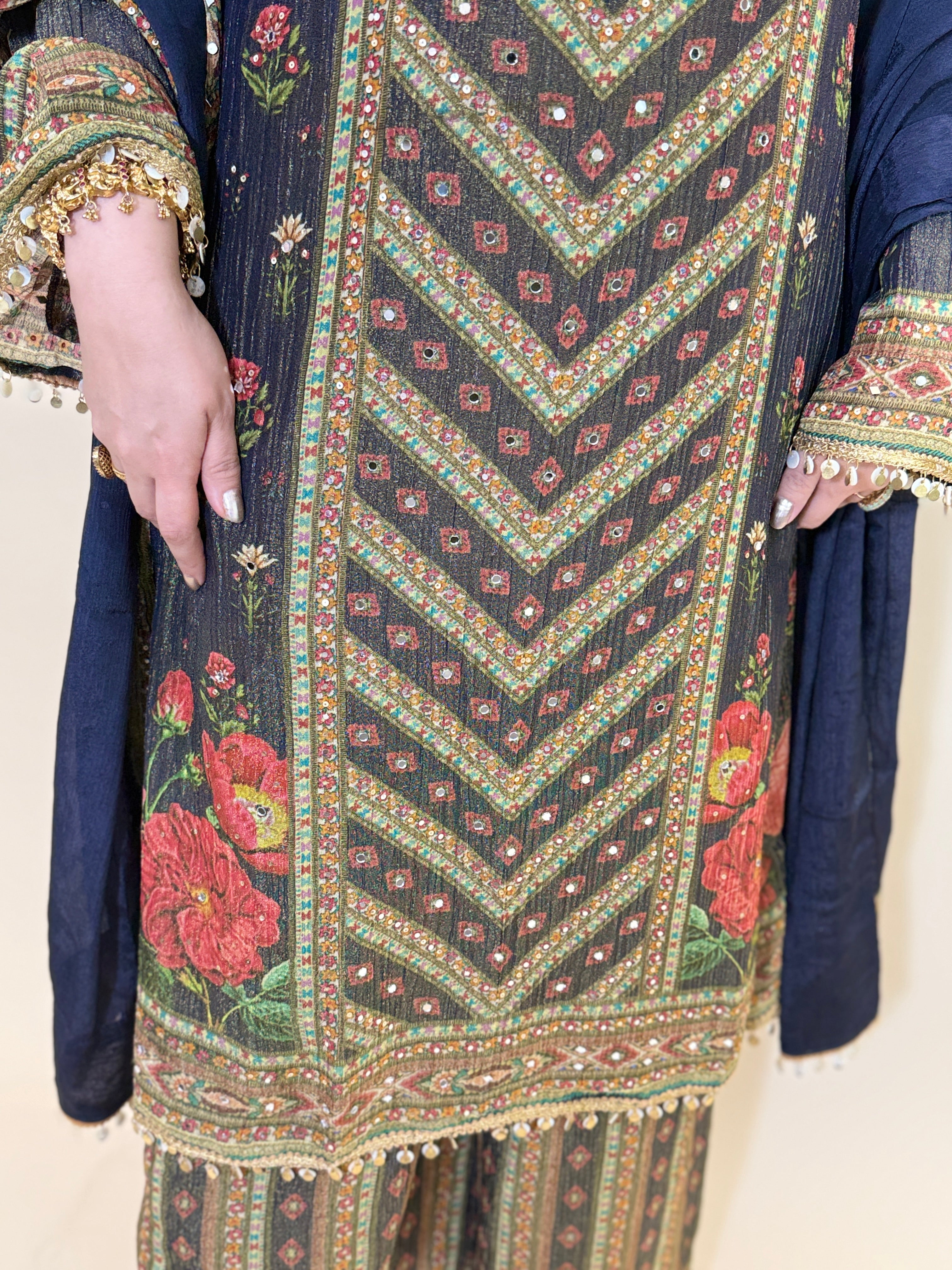 Blue Digital Print Tissue Suit with Mirror Work, Palazzo, and Dupatta