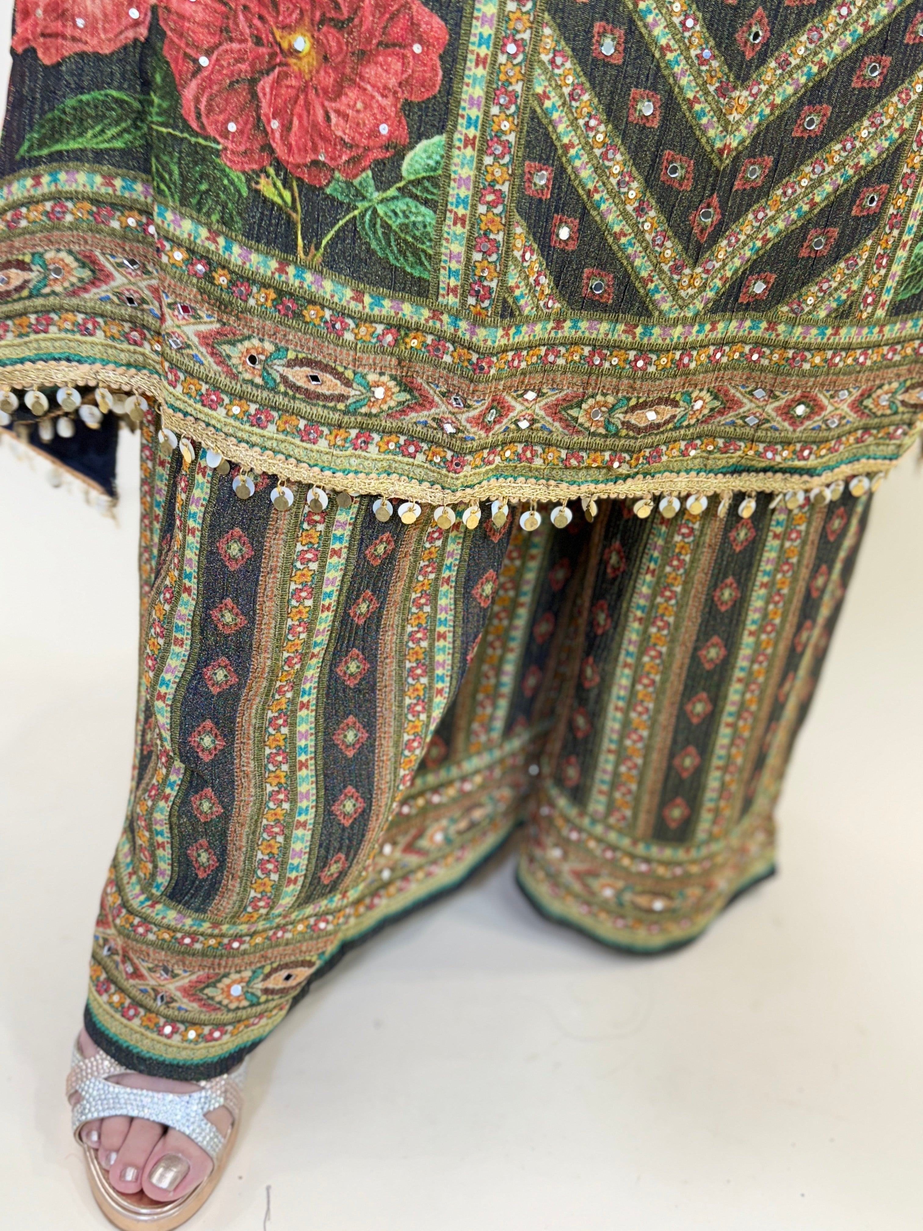 Blue Digital Print Tissue Suit with Mirror Work, Palazzo, and Dupatta