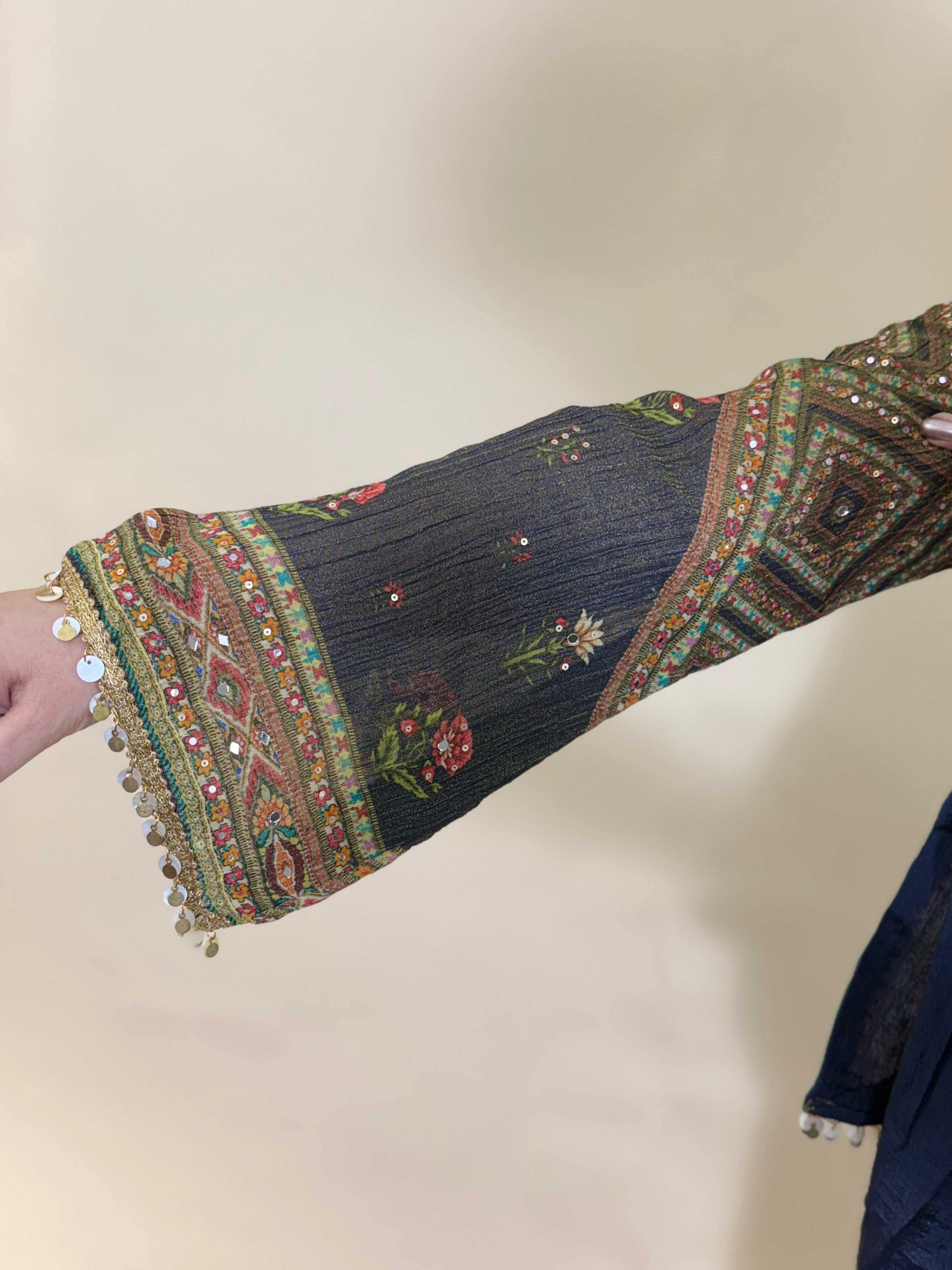 Blue Digital Print Tissue Suit with Mirror Work, Palazzo, and Dupatta