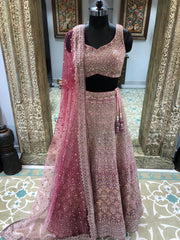 Onion Pink Net Lehenga With Mirror And Sequence Embroidery