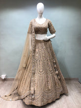 Load image into Gallery viewer, Golden Net Lehenga With Dori And Moti
