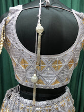 Load image into Gallery viewer, Gray Net Lehenga With Sliver Zari And Gold Sequence
