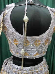 Gray Net Lehenga With Sliver Zari And Gold Sequence